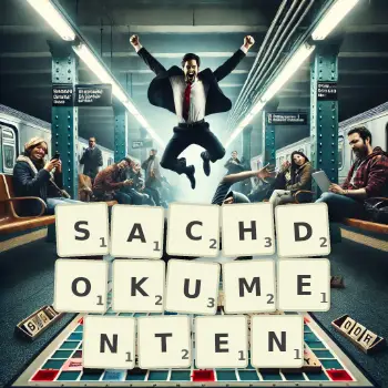 Kreative Illustration für ein Scrabble-Spiel, bei dem das Wort SACHDOKUMENTEN mit Steinen auf dem Brett gelegt wurde.