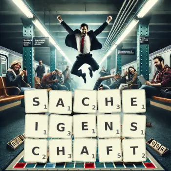 Kreative Illustration für ein Scrabble-Spiel, bei dem das Wort SACHEIGENSCHAFT mit Steinen auf dem Brett gelegt wurde.