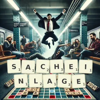 Kreative Illustration für ein Scrabble-Spiel, bei dem das Wort SACHEINLAGE mit Steinen auf dem Brett gelegt wurde.