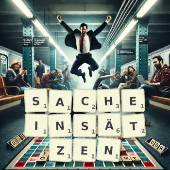 Kreative Illustration für ein Scrabble-Spiel, bei dem das Wort SACHEINSÄTZEN mit Steinen auf dem Brett gelegt wurde.