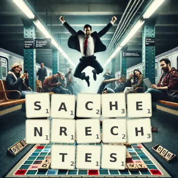 Kreative Illustration für ein Scrabble-Spiel, bei dem das Wort SACHENRECHTES mit Steinen auf dem Brett gelegt wurde.