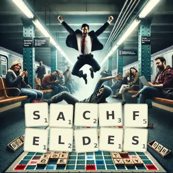 Kreative Illustration für ein Scrabble-Spiel, bei dem das Wort SACHFELDES mit Steinen auf dem Brett gelegt wurde.