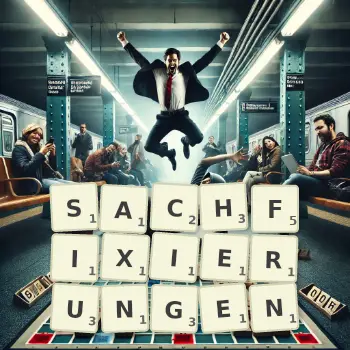 Kreative Illustration für ein Scrabble-Spiel, bei dem das Wort SACHFIXIERUNGEN mit Steinen auf dem Brett gelegt wurde.