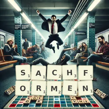 Kreative Illustration für ein Scrabble-Spiel, bei dem das Wort SACHFORMEN mit Steinen auf dem Brett gelegt wurde.