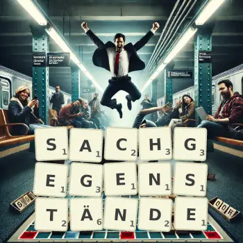 Kreative Illustration für ein Scrabble-Spiel, bei dem das Wort SACHGEGENSTÄNDE mit Steinen auf dem Brett gelegt wurde.