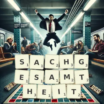 Kreative Illustration für ein Scrabble-Spiel, bei dem das Wort SACHGESAMTHEIT mit Steinen auf dem Brett gelegt wurde.