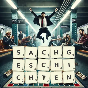 Kreative Illustration für ein Scrabble-Spiel, bei dem das Wort SACHGESCHICHTEN mit Steinen auf dem Brett gelegt wurde.