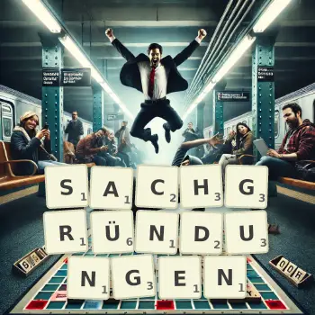 Kreative Illustration für ein Scrabble-Spiel, bei dem das Wort SACHGRÜNDUNGEN mit Steinen auf dem Brett gelegt wurde.