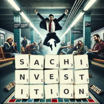 Kreative Illustration für ein Scrabble-Spiel, bei dem das Wort SACHINVESTITION mit Steinen auf dem Brett gelegt wurde.