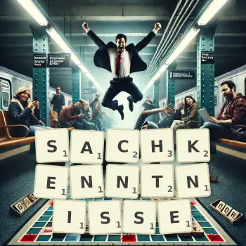Kreative Illustration für ein Scrabble-Spiel, bei dem das Wort SACHKENNTNISSE mit Steinen auf dem Brett gelegt wurde.