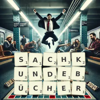 Kreative Illustration für ein Scrabble-Spiel, bei dem das Wort SACHKUNDEBÜCHER mit Steinen auf dem Brett gelegt wurde.