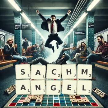 Kreative Illustration für ein Scrabble-Spiel, bei dem das Wort SACHMANGEL mit Steinen auf dem Brett gelegt wurde.