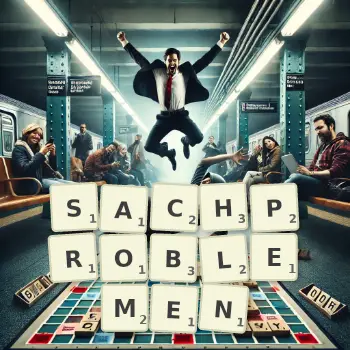 Kreative Illustration für ein Scrabble-Spiel, bei dem das Wort SACHPROBLEMEN mit Steinen auf dem Brett gelegt wurde.