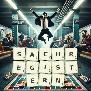 Kreative Illustration für ein Scrabble-Spiel, bei dem das Wort SACHREGISTERN mit Steinen auf dem Brett gelegt wurde.