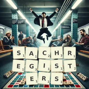Kreative Illustration für ein Scrabble-Spiel, bei dem das Wort SACHREGISTERS mit Steinen auf dem Brett gelegt wurde.