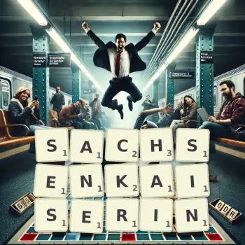 Kreative Illustration für ein Scrabble-Spiel, bei dem das Wort SACHSENKAISERIN mit Steinen auf dem Brett gelegt wurde.