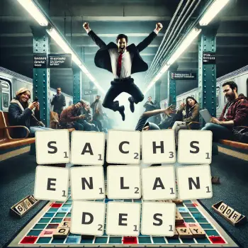 Kreative Illustration für ein Scrabble-Spiel, bei dem das Wort SACHSENLANDES mit Steinen auf dem Brett gelegt wurde.