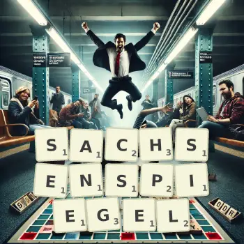 Kreative Illustration für ein Scrabble-Spiel, bei dem das Wort SACHSENSPIEGEL mit Steinen auf dem Brett gelegt wurde.