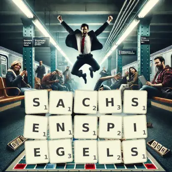 Kreative Illustration für ein Scrabble-Spiel, bei dem das Wort SACHSENSPIEGELS mit Steinen auf dem Brett gelegt wurde.