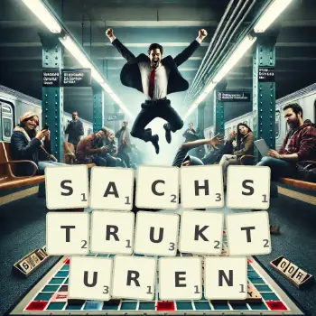 Kreative Illustration für ein Scrabble-Spiel, bei dem das Wort SACHSTRUKTUREN mit Steinen auf dem Brett gelegt wurde.