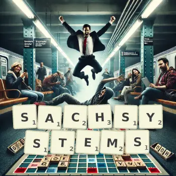 Kreative Illustration für ein Scrabble-Spiel, bei dem das Wort SACHSYSTEMS mit Steinen auf dem Brett gelegt wurde.