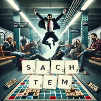 Kreative Illustration für ein Scrabble-Spiel, bei dem das Wort SACHTEM mit Steinen auf dem Brett gelegt wurde.