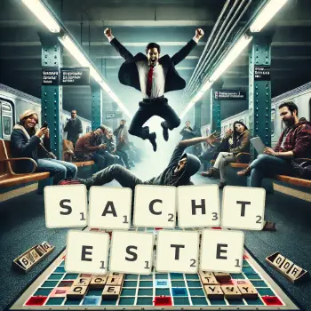 Kreative Illustration für ein Scrabble-Spiel, bei dem das Wort SACHTESTE mit Steinen auf dem Brett gelegt wurde.