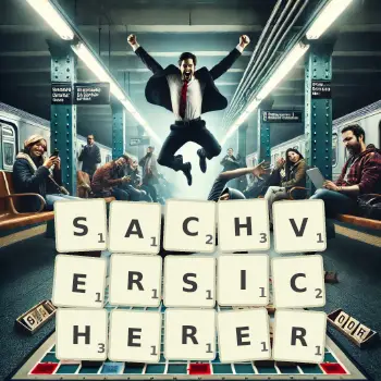 Kreative Illustration für ein Scrabble-Spiel, bei dem das Wort SACHVERSICHERER mit Steinen auf dem Brett gelegt wurde.