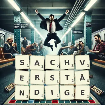 Kreative Illustration für ein Scrabble-Spiel, bei dem das Wort SACHVERSTÄNDIGE mit Steinen auf dem Brett gelegt wurde.