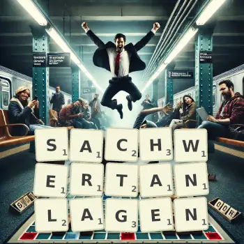 Kreative Illustration für ein Scrabble-Spiel, bei dem das Wort SACHWERTANLAGEN mit Steinen auf dem Brett gelegt wurde.