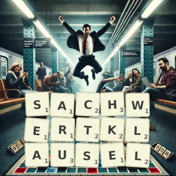 Kreative Illustration für ein Scrabble-Spiel, bei dem das Wort SACHWERTKLAUSEL mit Steinen auf dem Brett gelegt wurde.