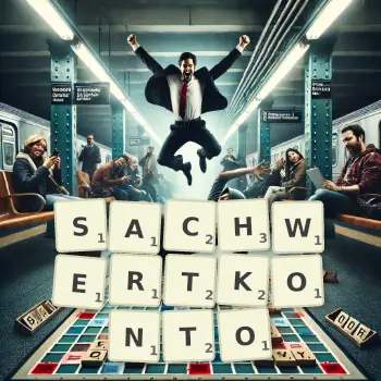 Kreative Illustration für ein Scrabble-Spiel, bei dem das Wort SACHWERTKONTO mit Steinen auf dem Brett gelegt wurde.
