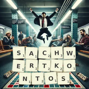Kreative Illustration für ein Scrabble-Spiel, bei dem das Wort SACHWERTKONTOS mit Steinen auf dem Brett gelegt wurde.