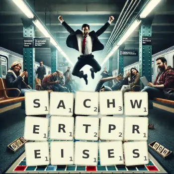 Kreative Illustration für ein Scrabble-Spiel, bei dem das Wort SACHWERTPREISES mit Steinen auf dem Brett gelegt wurde.