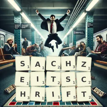 Kreative Illustration für ein Scrabble-Spiel, bei dem das Wort SACHZEITSCHRIFT mit Steinen auf dem Brett gelegt wurde.