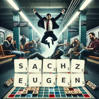 Kreative Illustration für ein Scrabble-Spiel, bei dem das Wort SACHZEUGEN mit Steinen auf dem Brett gelegt wurde.