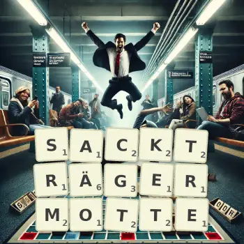 Kreative Illustration für ein Scrabble-Spiel, bei dem das Wort SACKTRÄGERMOTTE mit Steinen auf dem Brett gelegt wurde.