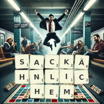 Kreative Illustration für ein Scrabble-Spiel, bei dem das Wort SACKÄHNLICHEM mit Steinen auf dem Brett gelegt wurde.