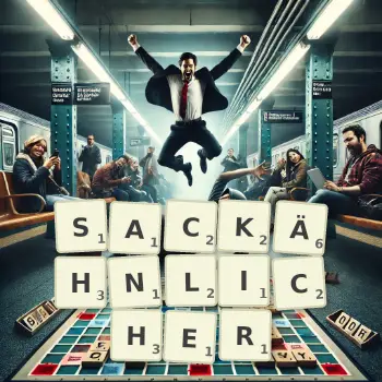 Kreative Illustration für ein Scrabble-Spiel, bei dem das Wort SACKÄHNLICHER mit Steinen auf dem Brett gelegt wurde.
