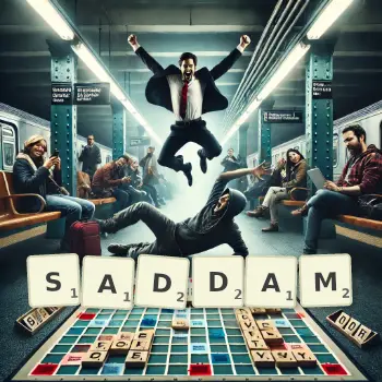 Kreative Illustration für ein Scrabble-Spiel, bei dem das Wort SADDAM mit Steinen auf dem Brett gelegt wurde.