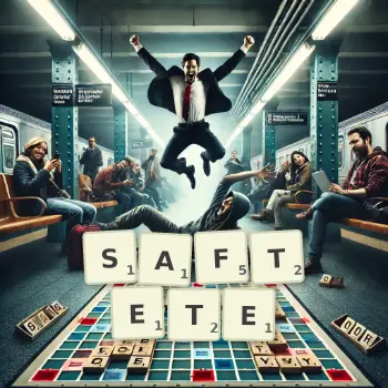 Kreative Illustration für ein Scrabble-Spiel, bei dem das Wort SAFTETE mit Steinen auf dem Brett gelegt wurde.