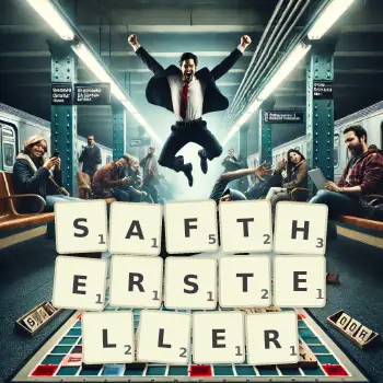 Kreative Illustration für ein Scrabble-Spiel, bei dem das Wort SAFTHERSTELLER mit Steinen auf dem Brett gelegt wurde.
