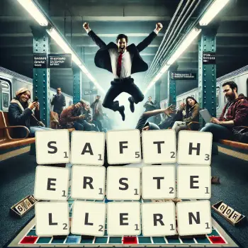Kreative Illustration für ein Scrabble-Spiel, bei dem das Wort SAFTHERSTELLERN mit Steinen auf dem Brett gelegt wurde.
