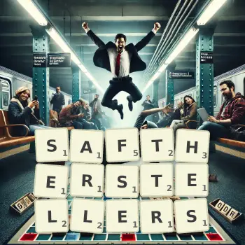 Kreative Illustration für ein Scrabble-Spiel, bei dem das Wort SAFTHERSTELLERS mit Steinen auf dem Brett gelegt wurde.