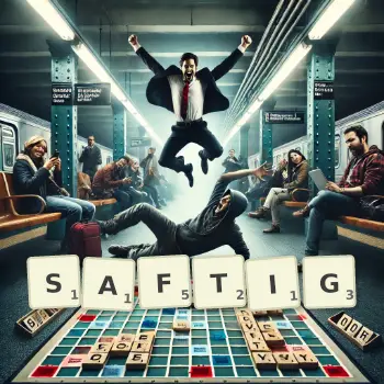 Kreative Illustration für ein Scrabble-Spiel, bei dem das Wort SAFTIG mit Steinen auf dem Brett gelegt wurde.