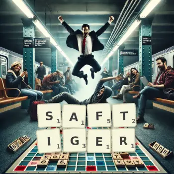 Kreative Illustration für ein Scrabble-Spiel, bei dem das Wort SAFTIGER mit Steinen auf dem Brett gelegt wurde.