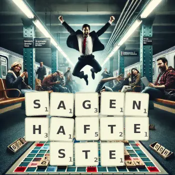 Kreative Illustration für ein Scrabble-Spiel, bei dem das Wort SAGENHAFTESTE mit Steinen auf dem Brett gelegt wurde.
