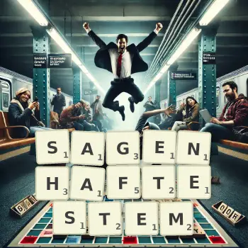 Kreative Illustration für ein Scrabble-Spiel, bei dem das Wort SAGENHAFTESTEM mit Steinen auf dem Brett gelegt wurde.