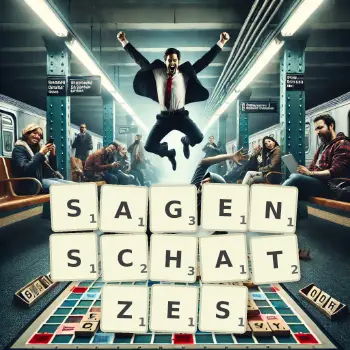 Kreative Illustration für ein Scrabble-Spiel, bei dem das Wort SAGENSCHATZES mit Steinen auf dem Brett gelegt wurde.