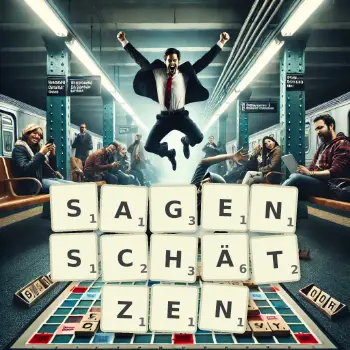 Kreative Illustration für ein Scrabble-Spiel, bei dem das Wort SAGENSCHÄTZEN mit Steinen auf dem Brett gelegt wurde.